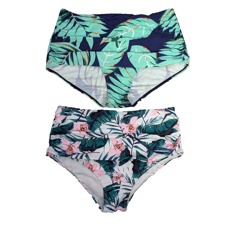 Lot of 2 Womens XL High-Waisted Swim Bottoms Floral Palm Print Tummy Control NEW